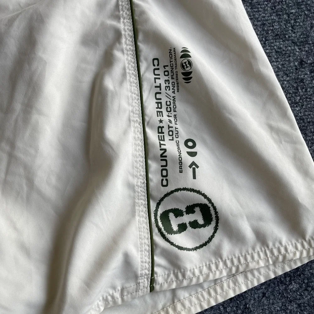 Counter‎ Culture Mens Board Shorts Size 38 Off White Green Graphic Swim Trunks